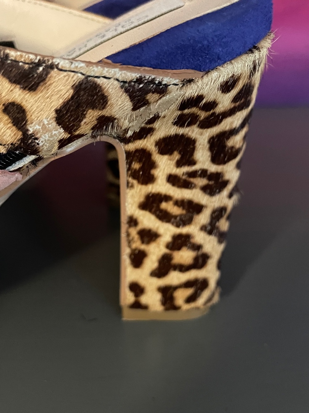 Cole Haan Amelia Haircalf Leopard Multicolor Suede Block High Heel Sandals 6B - Picture 7 of 12